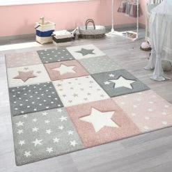 Paco Home Tapis Chambre Enfant Moderne Couleurs Pastel Carreaux Étoile Pois Design En Rose Gris 80x150 Cm