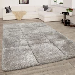 Paco Home Tapis Salon Gris Anthracite Doux Poils Longs Shaggy Moelleux Motif Carreaux 3D 60x100 Cm