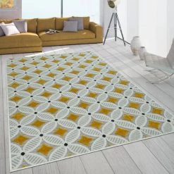 Paco Home Tapis Intérieur Extérieur Balcon Terrasse Motif Rétro Tissage 3D Jaune Beige 80x150 Cm
