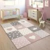 Paco Home Tapis Enfant Couleurs Pastel À Carreaux Points Cœurs Étoiles Blanc Gris Rose 80x150 Cm