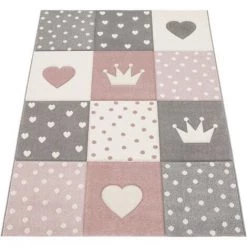 Paco Home Tapis Enfant Couleurs Pastel À Carreaux Points Cœurs Étoiles Blanc Gris Rose 80x150 Cm -Tapis et paillasson Soldes 50626250 5