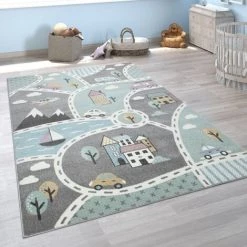 Paco Home Tapis Pour Enfants, Tapis De Jeu Pour Chambre Enfant, Avec Motif Rues Vert Gris 80x150 Cm