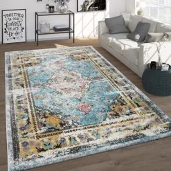 Paco Home Tapis Vintage, Poils Ras Frisés Pour Salon, Design Oriental, Turquoise 120x170 Cm