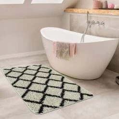 Paco Home Tapis De Bain Moderne Design Losanges Poils Longs Tapis Salle De Bain Crème Noir 40x55 Cm