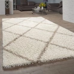 Paco Home Tapis Salon Poils Longs Shaggy Design Scandinave Avec Motif Losanges, Moderne Beige 60x100 Cm