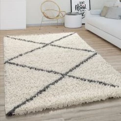 Paco Home Tapis Poils Longs Salon Shaggy Motif Losanges Scandinave, Moderne Crème 80x150 Cm
