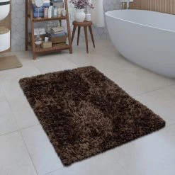 Paco Home Tapis De Bain Moderne Salle De Bain Tapis Shaggy Moelleux Doux Uni Brun 70x120 Cm