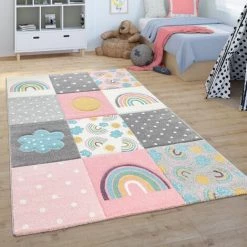 Paco Home Tapis Pour Enfant Tapis Chambre D'Enfant Tapis De Jeu Arc-En-Ciel Nuages Rose Gris Blanc Ø 120 Cm Rond