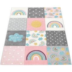 Paco Home Tapis Pour Enfant Tapis Chambre D'Enfant Tapis De Jeu Arc-En-Ciel Nuages Rose Gris Blanc Ø 120 Cm Rond -Tapis et paillasson Soldes 50626762 5