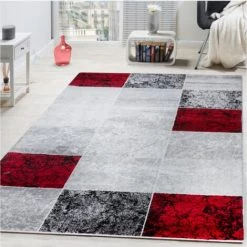 Paco Home Tapis De Créateur Contemporain à Carreaux Marbré En Gris Rouge LIQUIDATION 60x100 Cm
