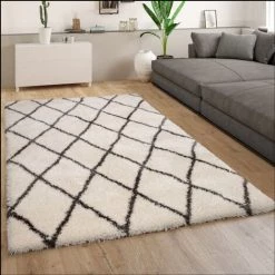 Paco Home Tapis Poils Hauts Moelleux Moderne Shaggy Style Flokati Motif Losange Crème 80x150 Cm