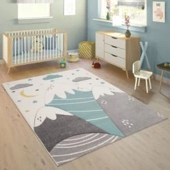 Paco Home Tapis Enfant Chambre Enfant Motif Montagne Lune Étoiles En Pastel Bleu Gris Ø 120 Cm Rond