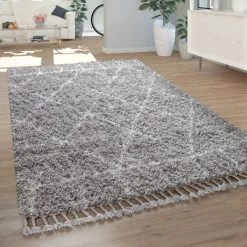 Paco Home Tapis À Poils Longs Gris Salon Motif Oriental Style Berbère Doux Shaggy 160x230 Cm