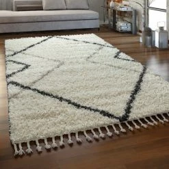 Paco Home Tapis Beige Poils Longs Salon Design Losanges Aspect Scandinave Doux À Franges 60x100 Cm