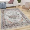 Paco Home Tapis De Salon Poils Ras Vintage Motif Orient Ornements Bordure Beige Bleu 60x100 Cm