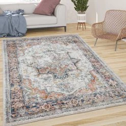 Paco Home Tapis De Salon Poils Ras Vintage Motif Orient Ornements Bordure Beige Bleu 60x100 Cm