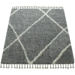 Paco Home Tapis Poils Longs Gris Salon Doux Motif Losanges Moelleux Shaggy À Franges 120x170 Cm -Tapis et paillasson Soldes 50627145 4