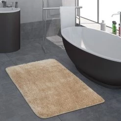 Paco Home Tapis Salle De Bain Moderne Poils Longs Uni Tapis De Bain Antidérapant Beige 40x55 Cm