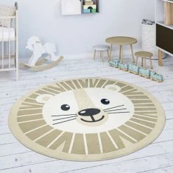 Paco Home Tapis Rond Chambre Enfant Tapis De Jeux Tapis Bébé Motif Lions Beige Blanc 80 Cm Rond