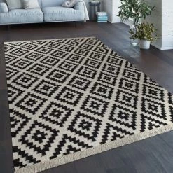 Paco Home Tapis Tissé Main Tendance Moderne Design Marocain Franges Noir Blanc 60x110 Cm