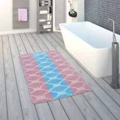 Paco Home Tapis De Bain, Tapis Poils Ras Salle De Bain Motif À Carreaux, Pastel Bleu Rose 70x120 Cm