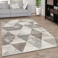 Paco Home Tapis Salon Poils Ras Motif Diamant Géométrique 3D Moderne Blanc Cassé Beige 60x110 Cm