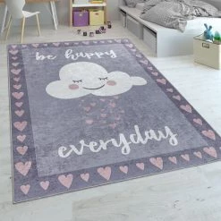 Paco Home Tapis Pour Enfants, Tissage Plat Pour Chambre D'Enfant, Motif Dicton Et Nuage, Gris Rose 80x150 Cm