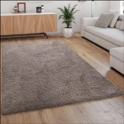 Paco Home Tapis Shaggy Tapis De Salon Poil Long Doux Moderne Motif Monochrome Beige 140x200 Cm