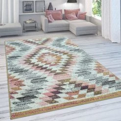 Paco Home Tapis De Salon, Poils Ras Moderne Avec Motif Losanges, Tons Pastel Colorés 70x140 Cm