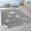 Paco Home Tapis Pour Enfants, Tapis De Jeux Planètes Et Étoiles, Chambre D'Enfant Gris Ø 120 Cm Rond