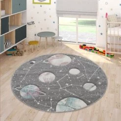 Paco Home Tapis Pour Enfants, Tapis De Jeux Planètes Et Étoiles, Chambre D'Enfant Gris Ø 120 Cm Rond -Tapis et paillasson Soldes 50627572 3