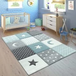 Paco Home Tapis Enfant Couleurs Pastel À Carreaux Pois Cœurs Étoiles Blanc Gris Bleu Ø 160 Cm Rond