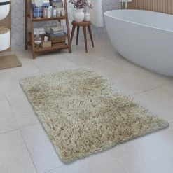 Paco Home Tapis De Bain Moderne Salle De Bain Tapis Shaggy Moelleux Doux Uni Beige 50x80 Cm