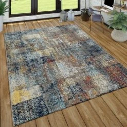 Paco Home Tapis Poils Ras Salon Aspect Usé Patchwork Style Industriel Moderne Coloré 60x100 Cm