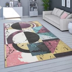 Paco Home Tapis Pour Salon, Poils Ras Couleurs Pastel, Design Abstrait, Coloré 120x170 Cm