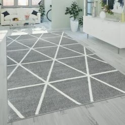 Paco Home Tapis De Salon À Poils Ras Moderne Design Géométrique Motif Losanges En Gris 60x100 Cm
