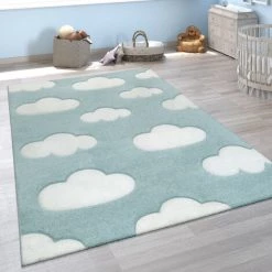 Paco Home Tapis Chambre Enfant Adorable Couleurs Pastel Motif Nuages Poils Ras En Bleu Blanc 133 Cm Carré