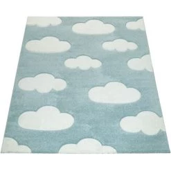 Paco Home Tapis Chambre Enfant Adorable Couleurs Pastel Motif Nuages Poils Ras En Bleu Blanc 133 Cm Carré -Tapis et paillasson Soldes 50628165 5