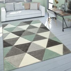 Paco Home Tapis De Salon Poils Tas Gris Couleurs Pastel Design 3D Motif Triangles 80x300 Cm