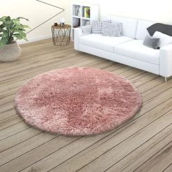 Paco Home Tapis De Salon Poils Longs Shaggy Uni Moderne Doux Pastel Rose Ø 120 Cm Rond -Tapis et paillasson Soldes 50628286 3