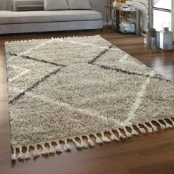 Paco Home Tapis Shaggy Poils Longs Beige Salon Doux Design Scandinave Losanges À Franges 60x100 Cm