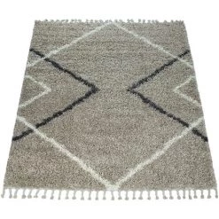 Paco Home Tapis Shaggy Poils Longs Beige Salon Doux Design Scandinave Losanges À Franges 60x100 Cm -Tapis et paillasson Soldes 50628382 5