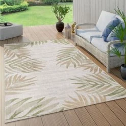 Paco Home Tapis Intérieur & Extérieur Beige Vert Balcon Terrasse Palmier Motif Feuilles Résistant 60x100 Cm