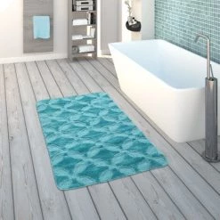 Paco Home Tapis De Bain, Tapis À Poils Ras Pour Salle De Bain Uni Motif Cercle, Turquoise 80x150 Cm