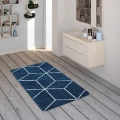 Paco Home Tapis De Bain, Tapis À Poils Ras Salle De Bain Motif Losanges Bleu Blanc 40x55 Cm