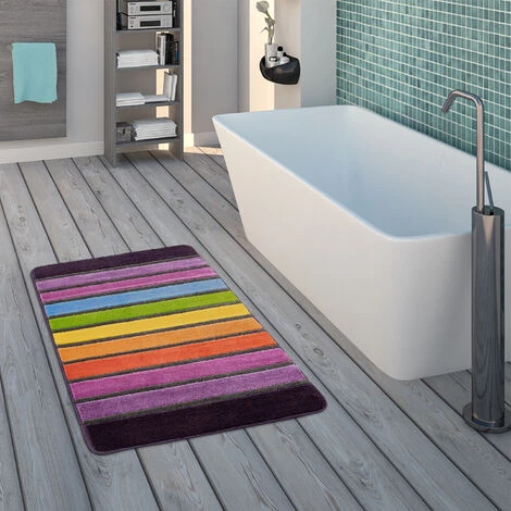 Paco Home Tapis De Bain, Tapis À Poils Ras Pour Salle De Bain Avec Rayures, Look 3D Coloré 40x55 Cm 1 Paco Home Tapis De Bain, Tapis À Poils Ras Pour Salle De Bain Avec Rayures, Look 3D Coloré 40x55 Cm