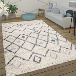 Paco Home Tapis Poils Longs Shaggy Salon Scandinave Motif Diamant Moderne Beige 80x150 Cm