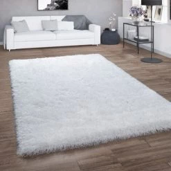 Paco Home Tapis Poils Longs Pour Salon, Shaggy Avec Fil Brillant, Uni Blanc 80x150 Cm