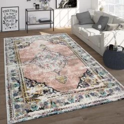 Paco Home Tapis Vintage, Poils Ras Frisés Pour Salon, Design Oriental, Rose 80x150 Cm