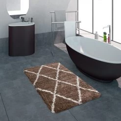 Paco Home Tapis De Bain Salle De Bain Shaggy Poils Longs Uni Avec Motif Losanges Blanc, Beige 50x80 Cm